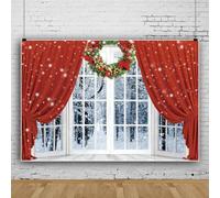 Fondo de cortina roja de Navidad, fondo de escena de Navidad con árbol de Navidad brillante y corona, fondo blanco del bosque de nieve para la decoración de Navidad vinilo 7x5ft