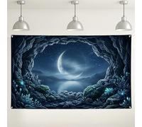 Fondo de cueva iluminado por la luna, decoración de pared de paisaje de fantasía oscura, fondo de fotografía de horizonte nocturno para eventos y fiestas, 71 x 43 pulgadas