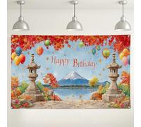 Fondo de cumpleaños con paisaje japonés, hojas de arce otoñales y decoraciones temáticas de montura, fondo escénico para fiestas al aire libre e interior para celebraciones de otoño, 71 x 43 pulgadas