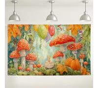 Fondo de cumpleaños de hongos fantásticos, decoración de fiesta de bosque vibrante, fondo de celebración colorido para fiestas infantiles, decoraciones festivas de otoño, 71 x 43 pulgadas