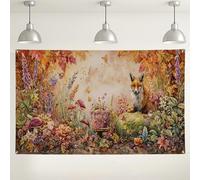 Fondo de cumpleaños de pastel de zorro otoñal, decoraciones de fiesta florales coloridas del bosque, fondo rústico de fotografía de naturaleza para celebraciones de otoño, 71 x 43 pulgadas