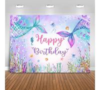 Fondo de cumpleaños de sirena de 5.9 x 3.6 pies, decoración para fiesta de cumpleaños bajo el mar para niña, colas de sirena azules y moradas,