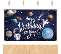 Fondo de cumpleaños del espacio exterior, planetas y astronautas en el espacio, fondo de fotografía de feliz cumpleaños, decoración de fiesta temática de planeta del universo para niños, niñas, niños,