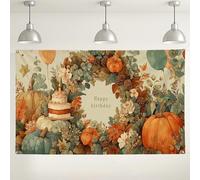 Fondo de cumpleaños floral de otoño, decoración botánica vintage de fiesta de otoño, fondo de fotos de pastel de calabaza para celebraciones en interiores y exteriores, 71 x 43 pulgadas