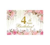 Fondo de cumpleaños número 4 con diseño floral en acuarela: flores silvestres, "4" dorado, temática de jardín para fiestas de niñas, baby