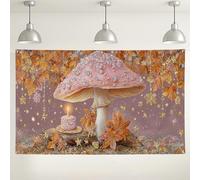 Fondo de decoración de hongos fantásticos, fondo de fotografía de hojas de otoño de fantasía, escena de vela encantada para Halloween y celebraciones de otoño, 71 x 43 pulgadas