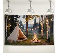 Fondo de escena de campamento, fondo de fotografía de naturaleza rústica, tienda de campaña al aire libre y decoración de fuego, suministros de cabina de fiesta de otoño de 71 x 43 pulgadas