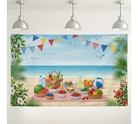 Fondo de escena de picnic en la playa, decoraciones tropicales de fiesta de verano, pancarta colorida y fondo de imagen de frutas para eventos de fotografía, uso en exteriores e interiores, 71 x 43