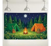 Fondo de escena nocturna de campamento, diseño de tiendas de campaña de aventura en el bosque, fondo verde y naranja para fotografía al aire libre para fiestas, decoraciones de campamento de verano
