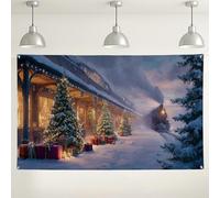 Fondo de estación de tren de Navidad, decoraciones vintage de escena de invierno, fondo de fotografía de paisaje nevado para fiestas de vacaciones y eventos, 71 x 43 pulgadas