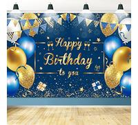 Fondo de feliz cumpleaños azul marino y dorado, decoración de fiesta, pancarta grande, fondo de fotografía para mujeres, hombres, niñas y niños