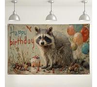 Fondo de fiesta de cumpleaños de mapache, bonita ilustración de animales, decoración divertida para interiores y exteriores, para cumpleaños de niños, tema de celebración, 71 x 43 pulgadas