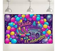 Fondo de fiesta de patinaje, coloridas decoraciones retro de patinaje sobre ruedas, divertido fondo de bolas de aire para eventos de celebración, suministros de fiesta de cumpleaños, 71 x 43 pulgadas