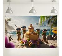 Fondo de fiesta de suricatos tropicales, divertidas decoraciones de celebración de pastel de playa, bonito fondo de fotografía de vida silvestre para eventos de cumpleaños, temas de vacaciones de