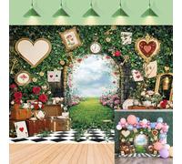 Fondo de fiesta de té del país de las maravillas, hojas verdes, rosas, tablero de ajedrez, cuento de hadas, fondo de fotografía, princesa, niñas, baby shower, decoración de fiesta de cumpleaños