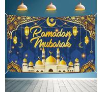 Fondo de fotografía de Eid Mubarak, Mezquita Musulmana de Ramadán, Luna, Estrellas, Farol, Fondo para Ramadán, Eid al-Fitr y Eid Party Photo Booth Prop (6 x 3 pies)