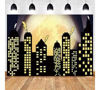 Fondo de fotografía de superhéroe de superciudad, edificios, ciudad boom, luna llena, murciélago, fondo de fotos de vinilo de 5 x 3 pies, pancarta de fiesta de cumpleaños para niños, estudio