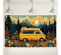 Fondo de furgoneta de camping amarillo vintage, fondo de fotografía retro floral de montaña, decoración de fiesta de aventura al aire libre, tema de viaje de verano, 71 x 43 pulgadas