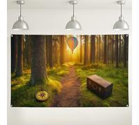 Fondo de globo aerostático Forest Path, fondo de fotos de paisaje escénico inspirado en la naturaleza, decoración de pared de viaje de aventura, perfecto para fiestas, eventos y reuniones al aire