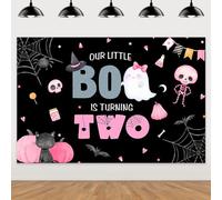 Fondo de Halloween con texto en inglés "Our Little Boo is Turning Tw", color negro y rosa para Halloween, decoración de fiesta de segundo cumpleaños, telón de fondo de calabaza y fantasma para niñas,