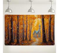 Fondo de iglesia de bosque otoñal, tapiz escénico encantado para celebraciones de otoño, fondo de fotos acogedor para interiores y exteriores para Halloween, eventos de Acción de Gracias, 71 x 43