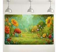 Fondo de jardín floral colorido, decoraciones de fiesta de estilo de dibujos animados, fondo verde brillante para fotografía, suministros de eventos al aire libre de primavera, 71 x 43 pulgadas