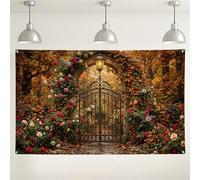 Fondo de jardín floral de otoño, fondo de fotografía vintage con puerta de rosas, decoración de otoño para interiores y exteriores, para eventos, suministros de cabina de fiesta de Acción de Gracias