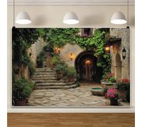 Fondo de la ciudad europea de Italia de primavera, 10 x 8 pies, plantas verdes, flores rosas, luz de calle, retro, arquitectura, patio, telón de fondo, decoración de niña, retrato de cumpleaños, boda