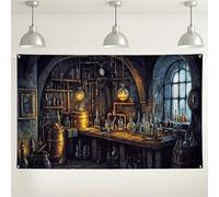 Fondo de laboratorio de alquimia vintage, decoración de sala de manualidades de poción mágica, fondo de fotografía de interior de fantasía oscura para fiestas de Halloween, eventos místicos, 71 x 43