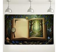 Fondo de libro de bosque de fantasía, fondo de fotografía de escena de naturaleza encantada, decoración de pared verde mágico para eventos, decoración de primavera, ideal para fiestas y cabinas de