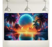 Fondo de luna de puesta de sol tropical, decoración vibrante de paisaje de playa para fotografía, fiesta de verano y eventos, ideal para celebraciones en interiores y exteriores, 71 x 43 pulgadas
