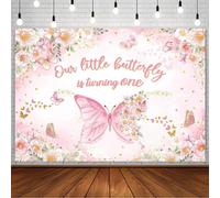 Fondo de mariposas para el primer cumpleaños de niñas, Nuestra pequeña mariposa cumple un año, Decoración de fiesta floral rosa rubor con