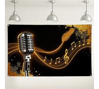 Fondo de micrófono musical, elegantes decoraciones de fiesta doradas y negras, perfecto para eventos musicales, cabinas de fotos y celebraciones, 180 x 109 cm