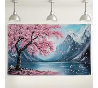 Fondo de montaña con flores de cerezas, decoración de fiesta escénica floral de melocotón, fondo de fotografía de primavera para exteriores e interiores para eventos y celebraciones, 71 x 43 pulgadas