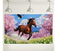 Fondo de naturaleza de caballo corriendo, decoración artística de paisaje de montaña de flores, ideal para fotografía, eventos al aire libre de primavera, festividades de cerezas en flor, 71 x 43