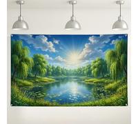 Fondo de naturaleza escénica, paisaje verde exuberante con reflejo de agua, perfecto para fotografía al aire libre, decoraciones de fiesta de verano, fondo de eventos, 71 x 43 pulgadas