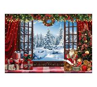 Fondo de Navidad de 270x180cm Paisaje de Nieve Fuera de la Ventana Fondo de fotografía Cortina roja Caja de Regalo Fondo de fotografía de Navidad Decoración de Fiesta de año Nuevo Banner