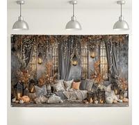 Fondo de otoño acogedor para sala de estar, escena de otoño decorativa rústica con linternas y calabazas para cabina de fotos de Acción de Gracias, tonos cálidos, fondo de fotografía para interiores y