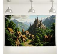 Fondo de paisaje de castillo, decoraciones escénicas de pueblo de fantasía, fondo de fotografía de naturaleza verde para eventos, suministros de fiesta en interiores y exteriores, 71 x 43 pulgadas