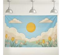 Fondo de paisaje de flores de primavera, bonito diseño retro de tulipanes para fotografía, fondo azul brillante para eventos, suministros de decoración para interiores y exteriores, 71 x 43 pulgadas