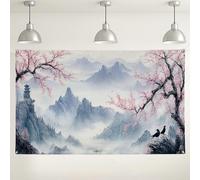 Fondo de paisaje de montaña, flores de cerezas, decoración de pared escénica vintage, melocotón azul, fondo de fotografía de naturaleza para fiestas, bodas, eventos, 71 x 43 pulgadas