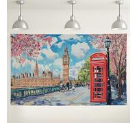 Fondo de paisaje urbano de Londres, cabina de teléfono roja vintage y decoración de flores de cerezas, hermoso fondo de fotos para interiores y exteriores para eventos, suministros de fiesta de