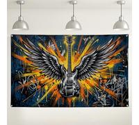 Fondo de pared con alas de guitarra rock, estilo graffitis, decoraciones coloridas para fiestas, fondo de fotografía negro y naranja para eventos musicales, festivales y conciertos, 71 x 43 pulgadas
