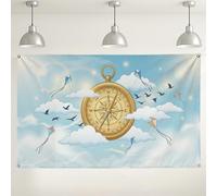 Fondo de pared con brújula de horizonte para decoración de cometa vintage, fondo azul nublado para eventos de fiesta de fotografía, suministros de primavera para interiores y exteriores, 71 x 43
