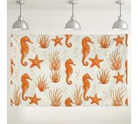 Fondo de pared con caballitos de mar y estrellas de mar, fondo decorativo con temática oceánica, decoración de fiesta de vida marina naranja para eventos de verano, 71 x 43 pulgadas