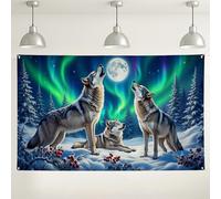 Fondo de pared con diseño de lobo aullido, decoración escénica de invierno con luces del norte, fondo de fotografía de bosque nevado para fiestas y eventos, 71 x 43 pulgadas