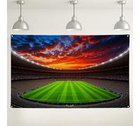 Fondo de pared con puesta de sol de estadio, fondo de fotografía de campo deportivo escénico, patrón vibrante de hierba verde y horizonte, decoraciones de eventos para interiores y exteriores para el