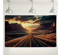Fondo de pared con puesta de sol y camino del desierto, fondo de fotografía de paisaje escénico, decoración de aventura al aire libre para fiestas, eventos de viaje de verano, 71 x 43 pulgadas