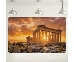Fondo de pared con ruinas antiguas de puesta de sol, arquitectura griega, decoraciones escénicas vintage, fondo de fotografía naranja cálido para eventos, exhibición en interiores y exteriores, 71 x