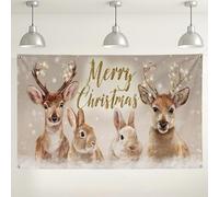 Fondo de pared de animales de Feliz Navidad, lindas decoraciones de fiesta de ciervos y conejos, fondo de fotos beige de invierno para interiores y exteriores para eventos festivos, 71 x 43 pulgadas